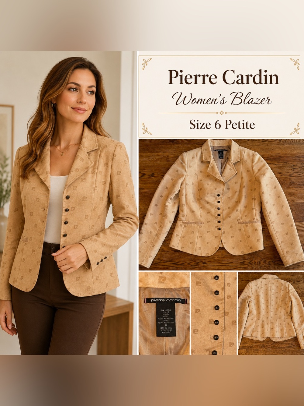 Pierre Cardin Vintage Monogram Faux Suede Blazer Women’s Size 6 Petite